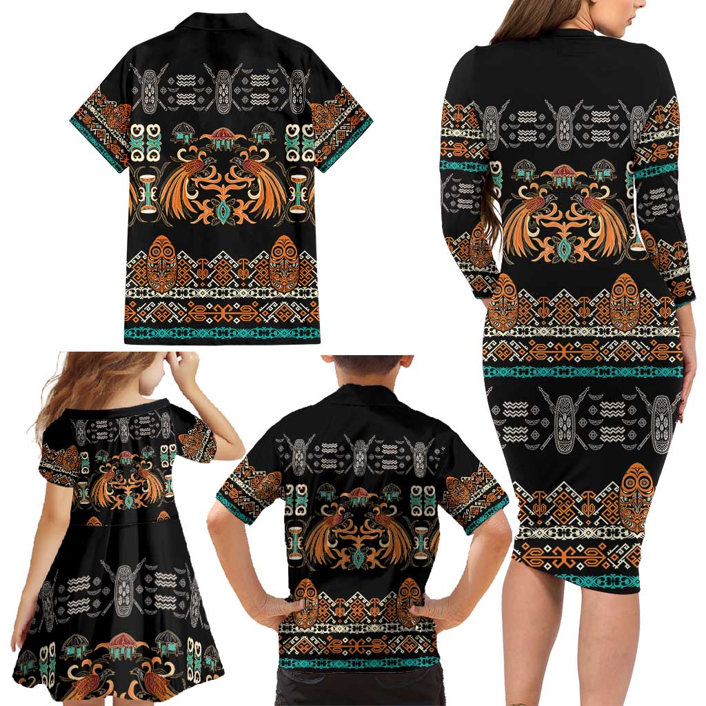 Black Batik Papua-inspired Pattern Family Matching Long Sleeve Bodycon Dress and Hawaiian Shirt LT9 - Polynesian Pride