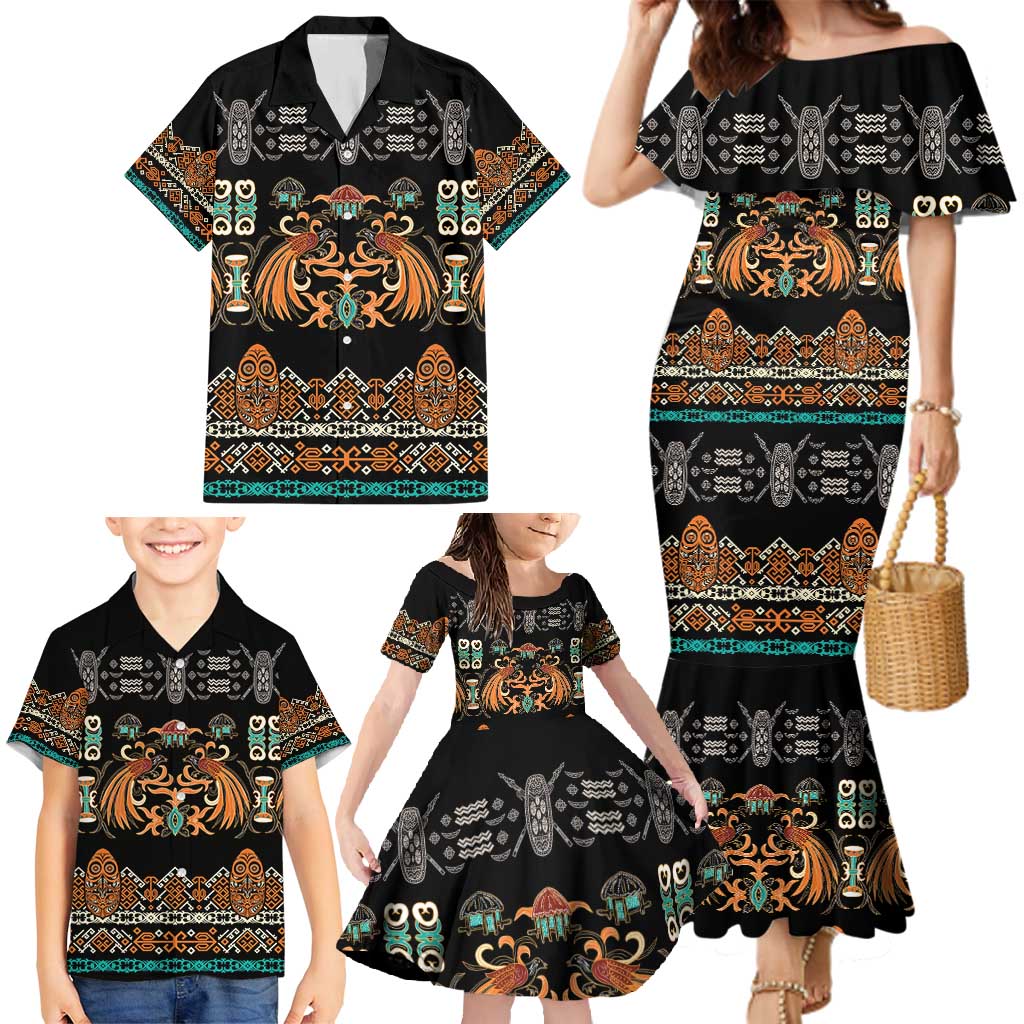 Black Batik Papua-inspired Pattern Family Matching Mermaid Dress and Hawaiian Shirt LT9 - Polynesian Pride