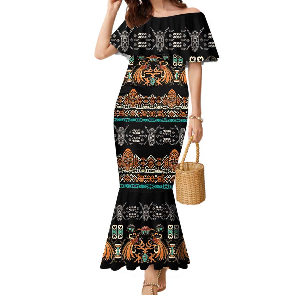 Black Batik Papua-inspired Pattern Family Matching Mermaid Dress and Hawaiian Shirt LT9 Mom's Dress Black - Polynesian Pride