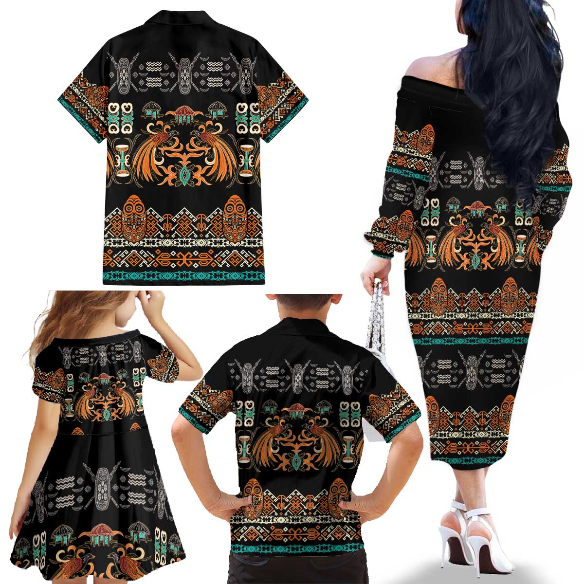 Black Batik Papua-inspired Pattern Family Matching Off The Shoulder Long Sleeve Dress and Hawaiian Shirt - Polynesian Pride
