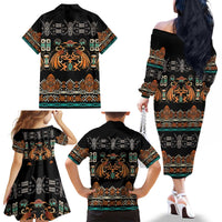 Black Batik Papua-inspired Pattern Family Matching Off The Shoulder Long Sleeve Dress and Hawaiian Shirt - Polynesian Pride