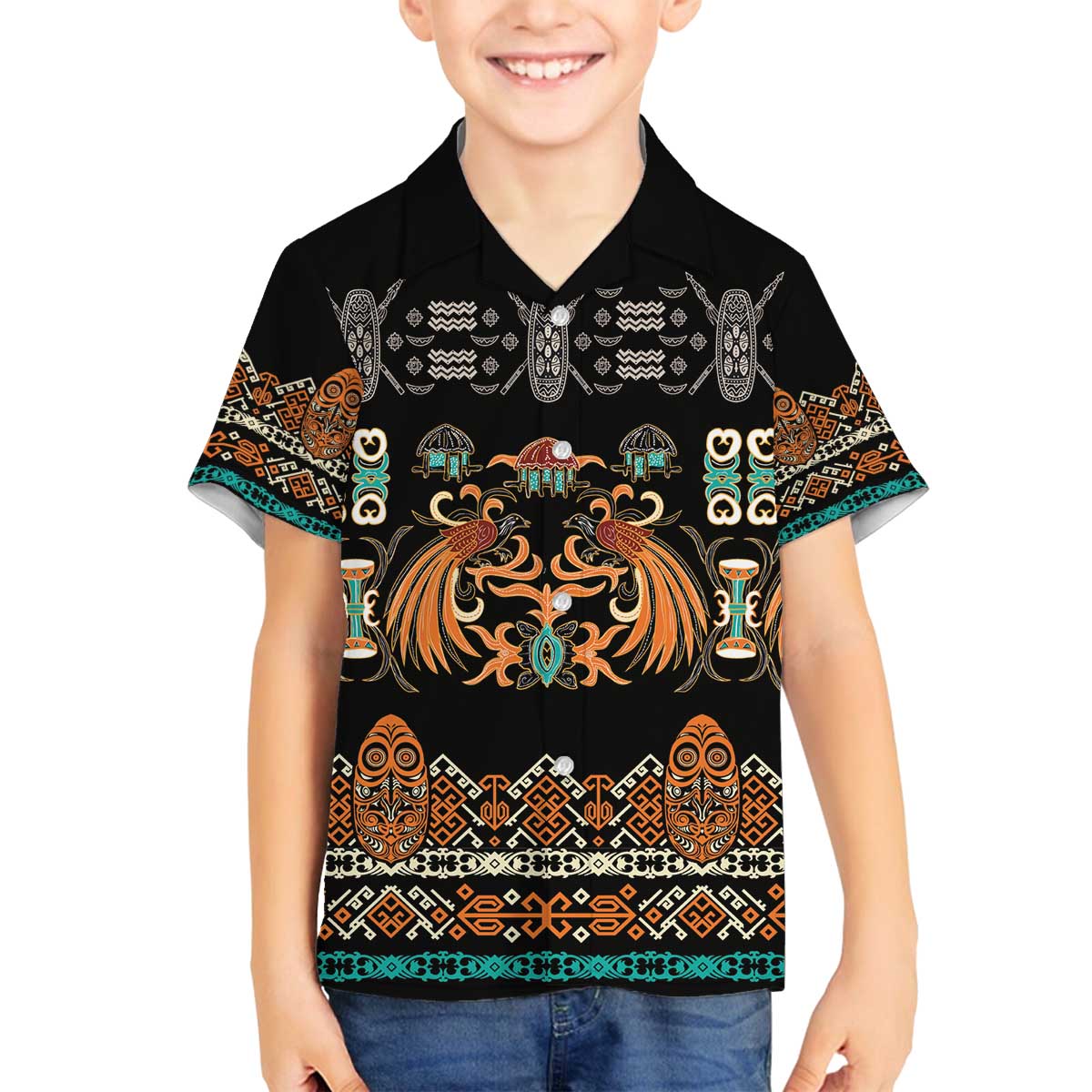 Black Batik Papua-inspired Pattern Family Matching Off The Shoulder Long Sleeve Dress and Hawaiian Shirt - Polynesian Pride