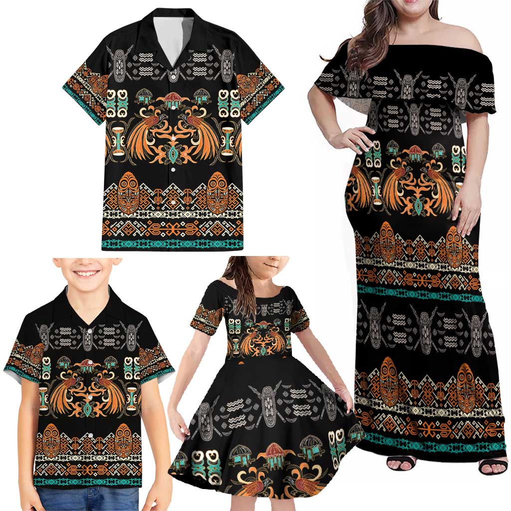 Black Batik Papua-inspired Pattern Family Matching Off Shoulder Maxi Dress and Hawaiian Shirt - Polynesian Pride