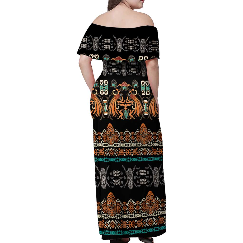 Black Batik Papua-inspired Pattern Family Matching Off Shoulder Maxi Dress and Hawaiian Shirt - Polynesian Pride