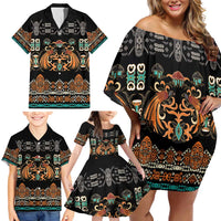 Black Batik Papua-inspired Pattern Family Matching Off Shoulder Short Dress and Hawaiian Shirt - Polynesian Pride