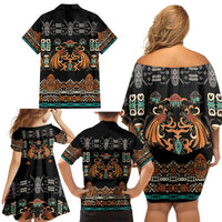 Black Batik Papua-inspired Pattern Family Matching Off Shoulder Short Dress and Hawaiian Shirt - Polynesian Pride