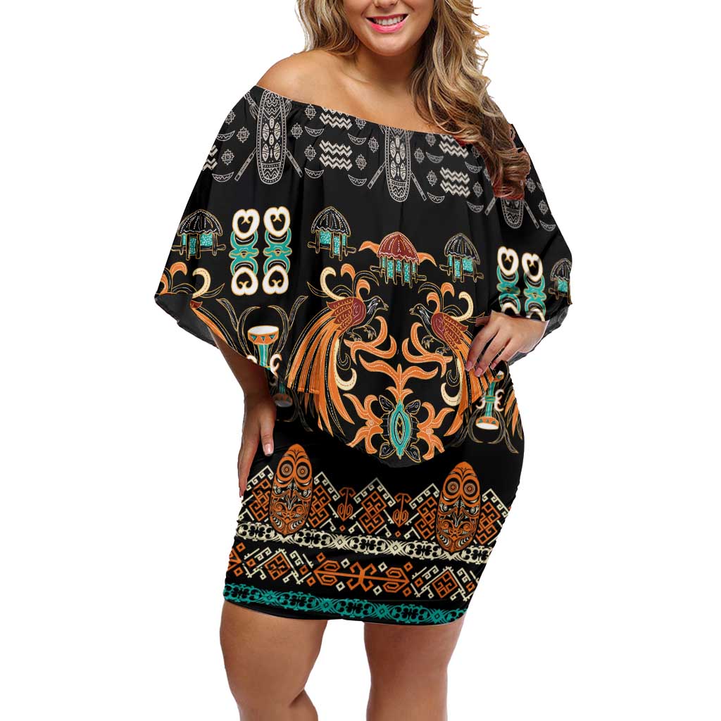 Black Batik Papua-inspired Pattern Family Matching Off Shoulder Short Dress and Hawaiian Shirt - Polynesian Pride