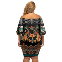 Black Batik Papua-inspired Pattern Family Matching Off Shoulder Short Dress and Hawaiian Shirt - Polynesian Pride