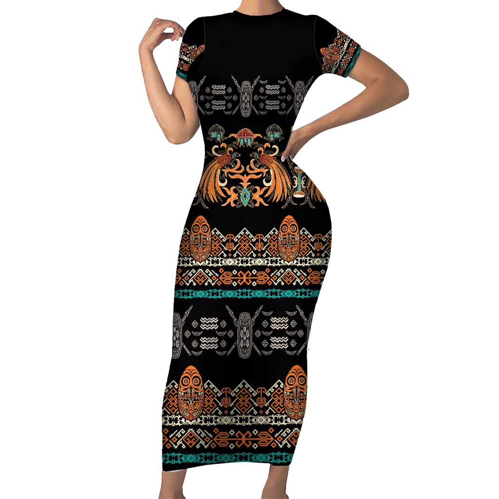 Black Batik Papua-inspired Pattern Family Matching Short Sleeve Bodycon Dress and Hawaiian Shirt LT9 Mom's Dress Black - Polynesian Pride