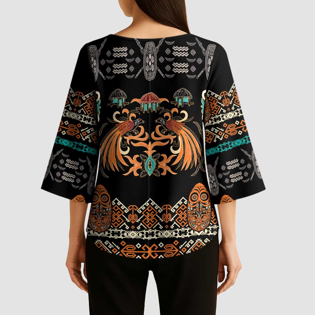 Black Batik Papua-inspired Pattern Kimono Sleeve Blouse - Polynesian Pride