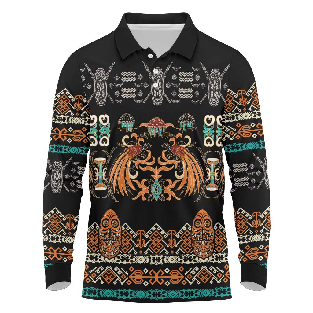 Black Batik Papua-inspired Pattern Long Sleeve Polo Shirt LT9 Black - Polynesian Pride
