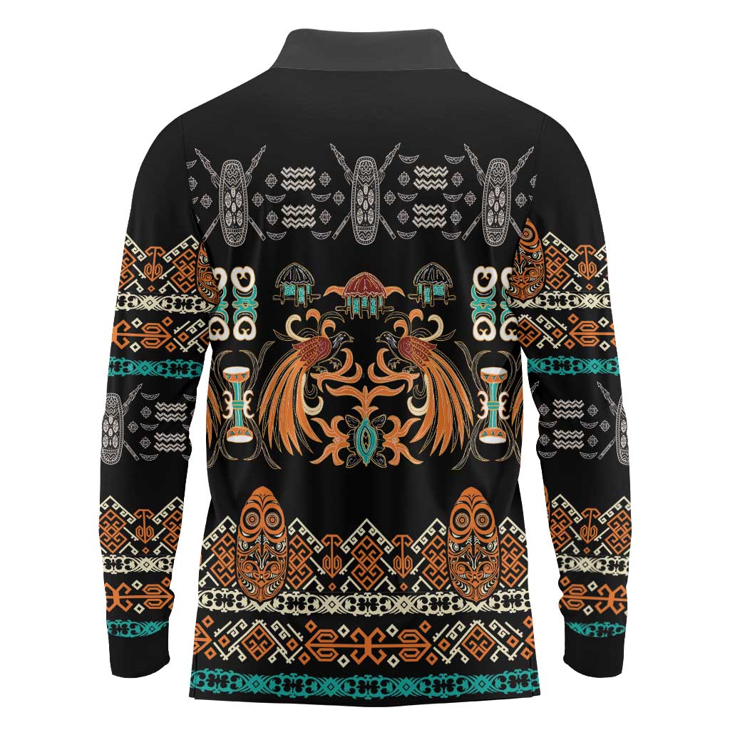 Black Batik Papua-inspired Pattern Long Sleeve Polo Shirt LT9 - Polynesian Pride