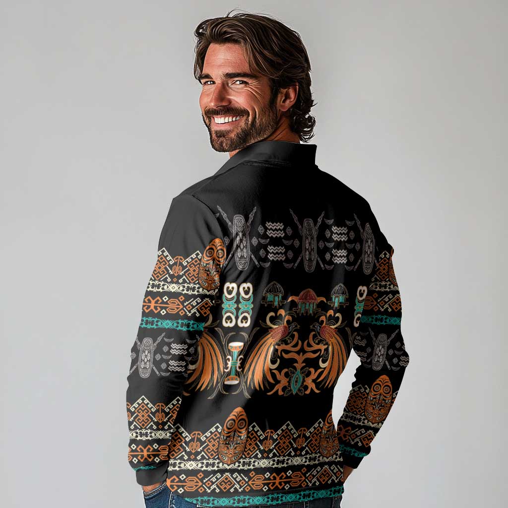 Black Batik Papua-inspired Pattern Long Sleeve Polo Shirt LT9 - Polynesian Pride