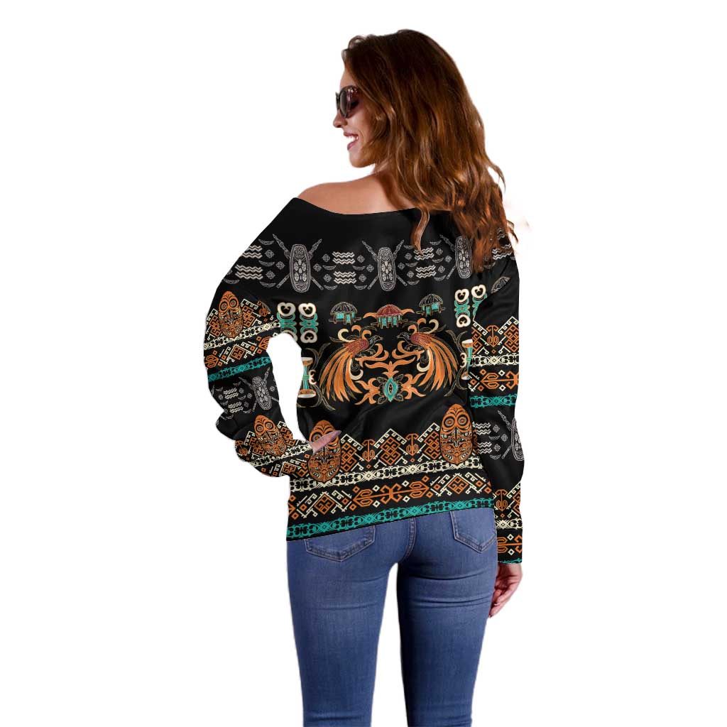 Black Batik Papua-inspired Pattern Off Shoulder Sweater - Polynesian Pride