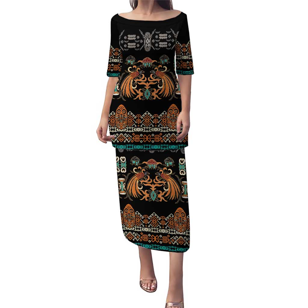 Black Batik Papua-inspired Pattern Puletasi LT9 Long Dress Black - Polynesian Pride