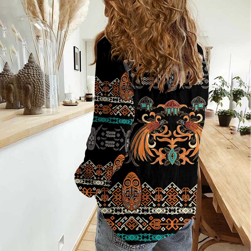 Black Batik Papua-inspired Pattern Women Casual Shirt - Polynesian Pride