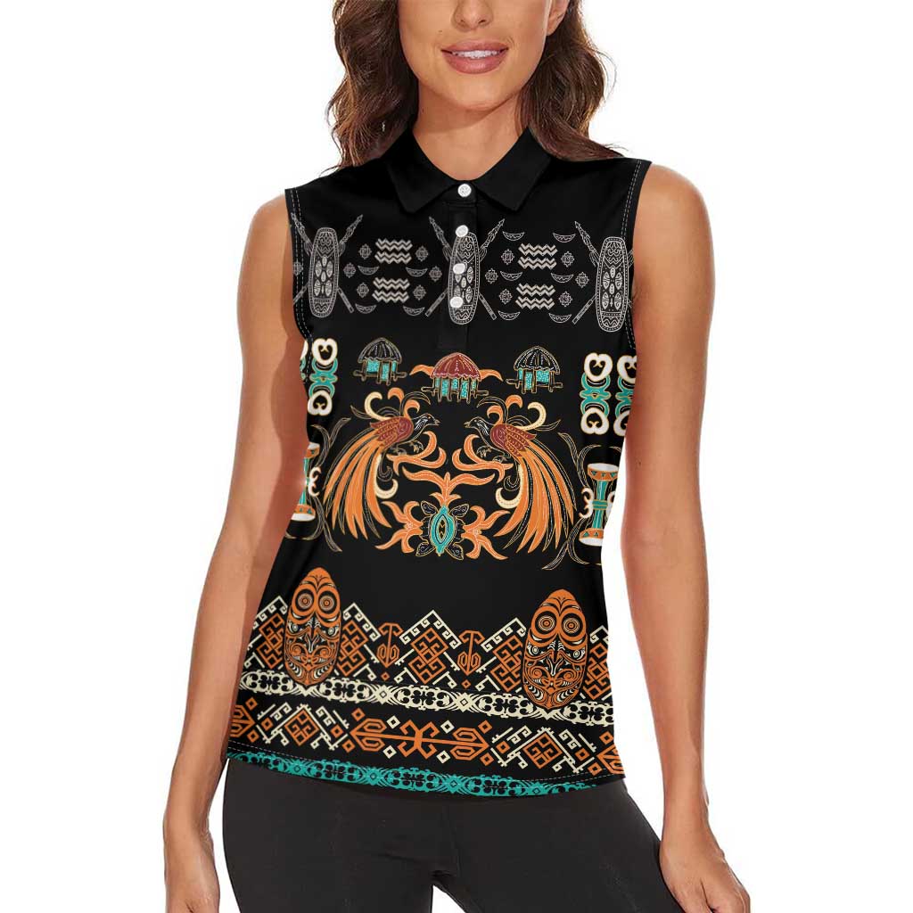 Black Batik Papua-inspired Pattern Women Sleeveless Polo Shirt LT9 - Polynesian Pride