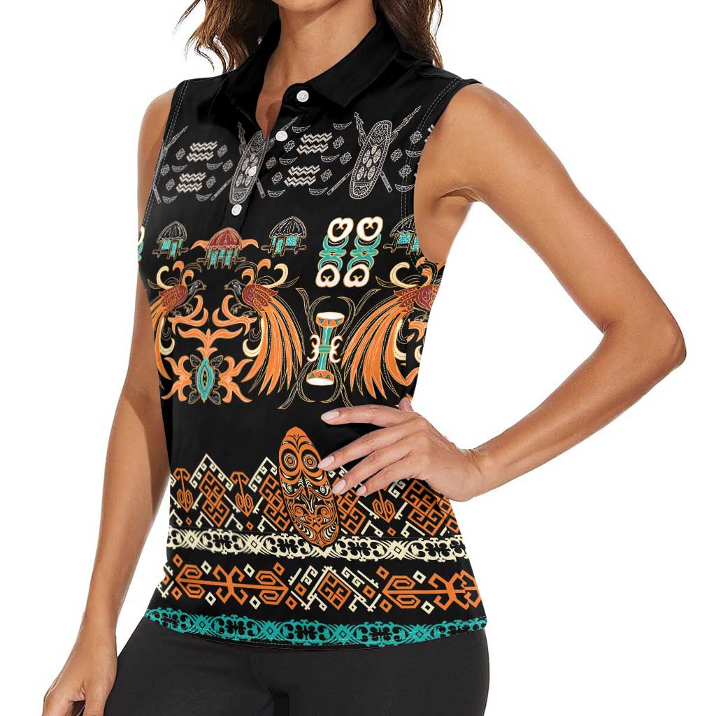 Black Batik Papua-inspired Pattern Women Sleeveless Polo Shirt LT9 - Polynesian Pride