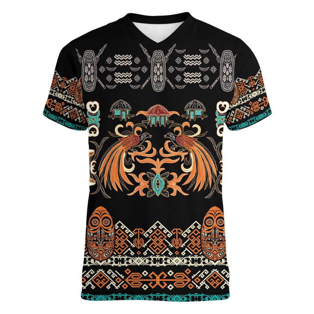 Black Batik Papua-inspired Pattern Women V-Neck T-Shirt LT9 Female Black - Polynesian Pride