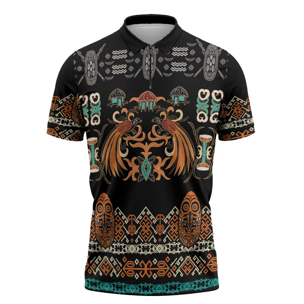 Black Batik Papua-inspired Pattern Zipper Polo Shirt LT9 Black - Polynesian Pride