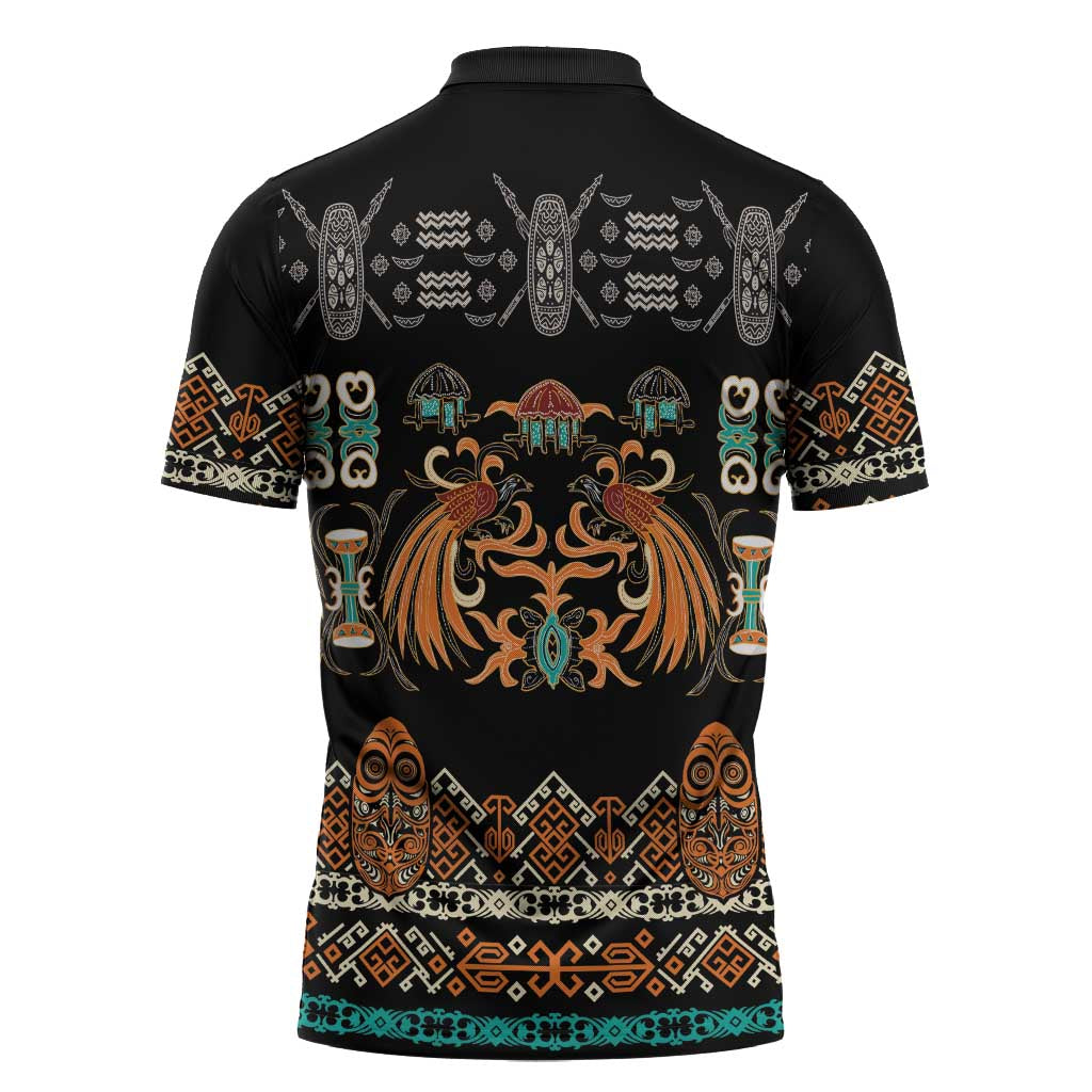 Black Batik Papua-inspired Pattern Zipper Polo Shirt LT9 - Polynesian Pride