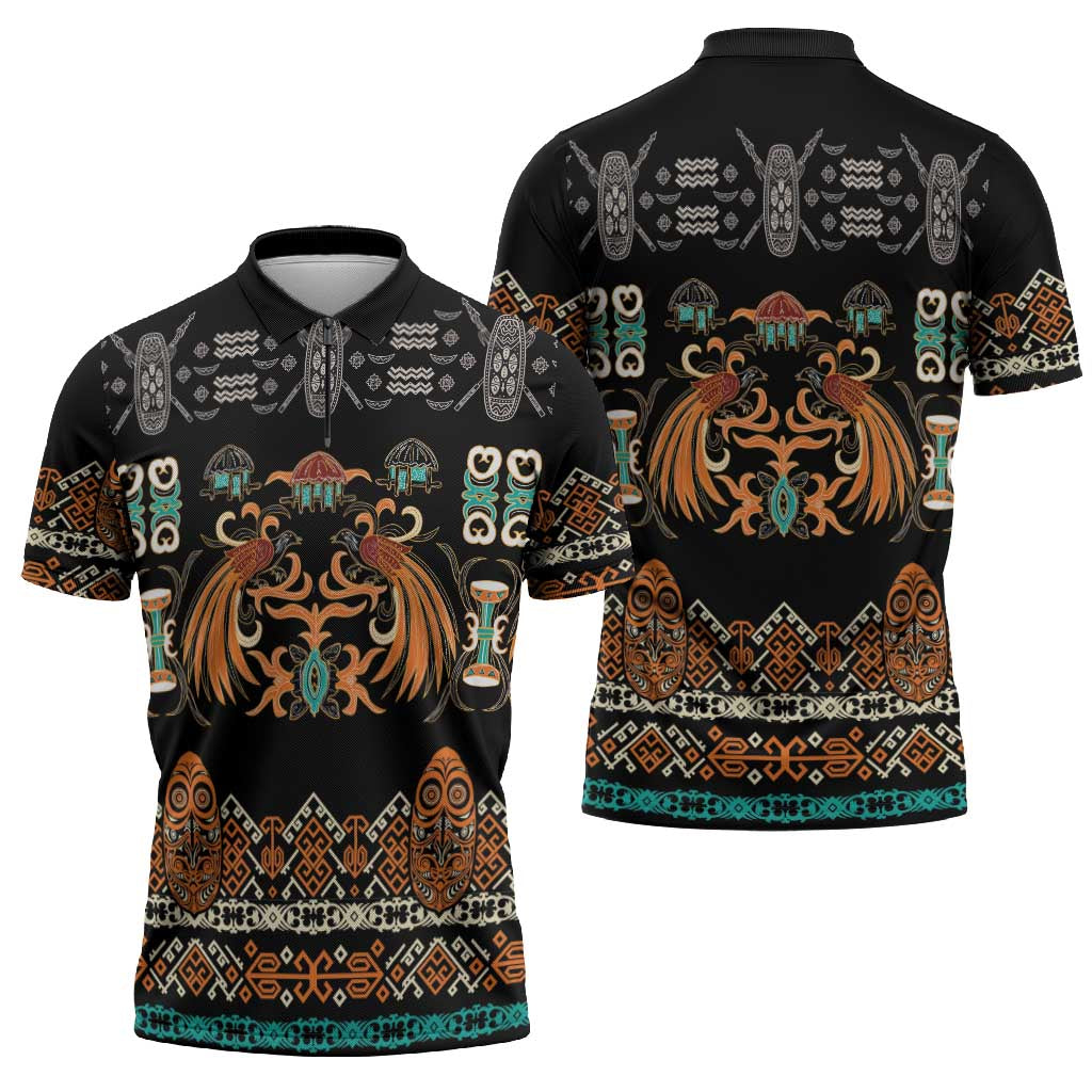 Black Batik Papua-inspired Pattern Zipper Polo Shirt LT9 - Polynesian Pride