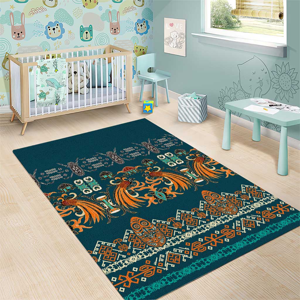 Dark Cyan Blue Batik Papua-inspired Pattern Area Rug LT9 - Polynesian Pride