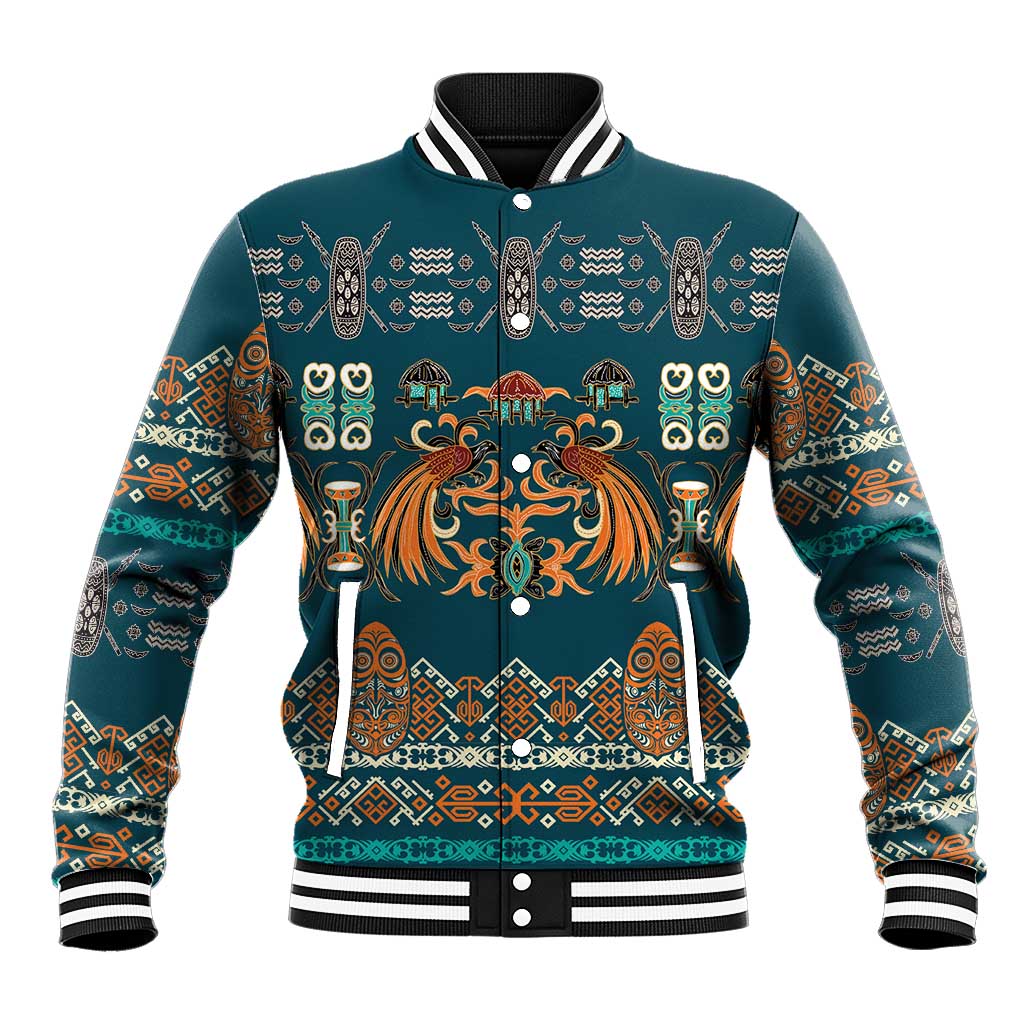 Dark Cyan Blue Batik Papua-inspired Pattern Baseball Jacket - Polynesian Pride