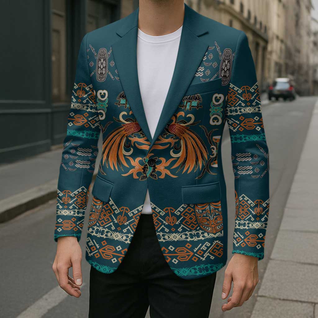 Dark Cyan Blue Batik Papua-inspired Pattern Blazer LT9 - Polynesian Pride