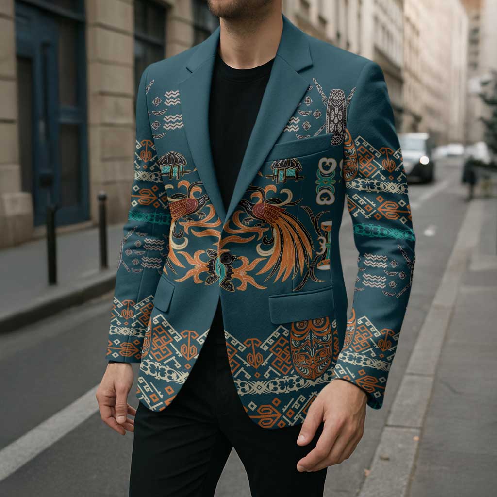 Dark Cyan Blue Batik Papua-inspired Pattern Blazer LT9 - Polynesian Pride