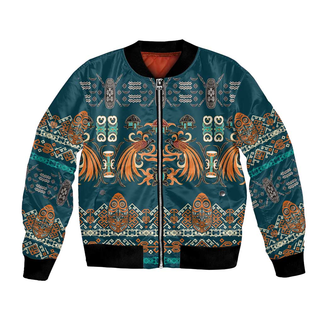 Dark Cyan Blue Batik Papua-inspired Pattern Bomber Jacket LT9 Unisex Blue - Polynesian Pride