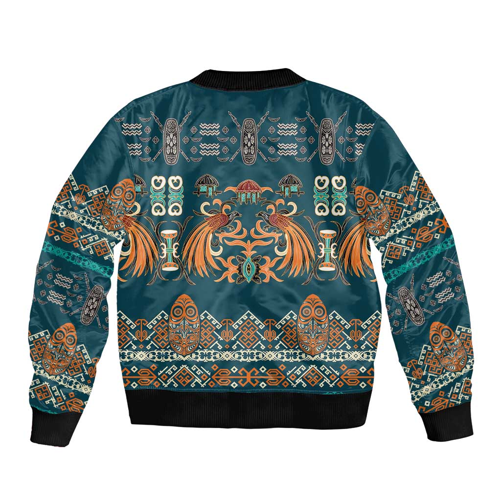 Dark Cyan Blue Batik Papua-inspired Pattern Bomber Jacket LT9 - Polynesian Pride