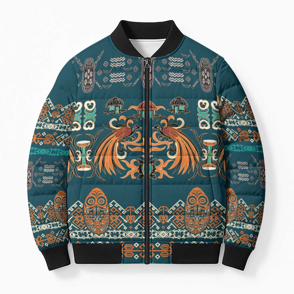 Dark Cyan Blue Batik Papua-inspired Pattern Bomber Puffer Jacket LT9 Unisex Blue - Polynesian Pride