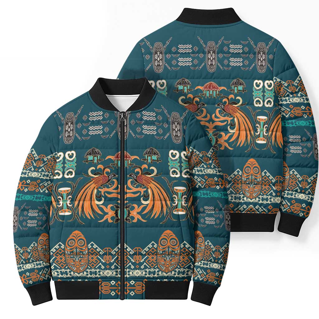 Dark Cyan Blue Batik Papua-inspired Pattern Bomber Puffer Jacket LT9 - Polynesian Pride