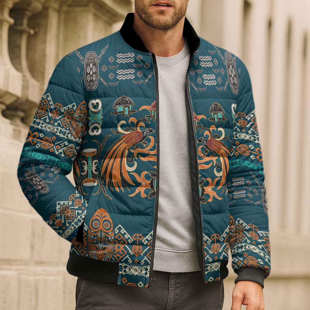 Dark Cyan Blue Batik Papua-inspired Pattern Bomber Puffer Jacket LT9 - Polynesian Pride