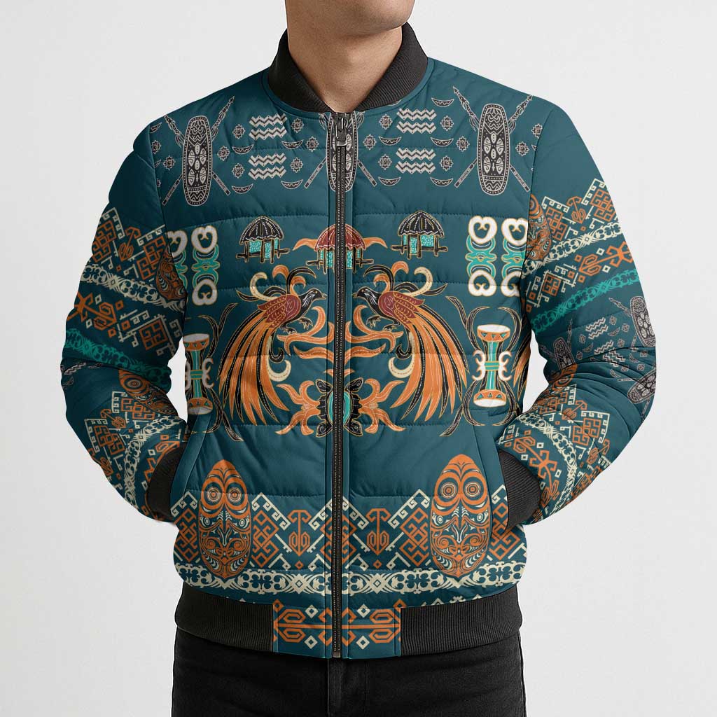 Dark Cyan Blue Batik Papua-inspired Pattern Bomber Puffer Jacket LT9 - Polynesian Pride