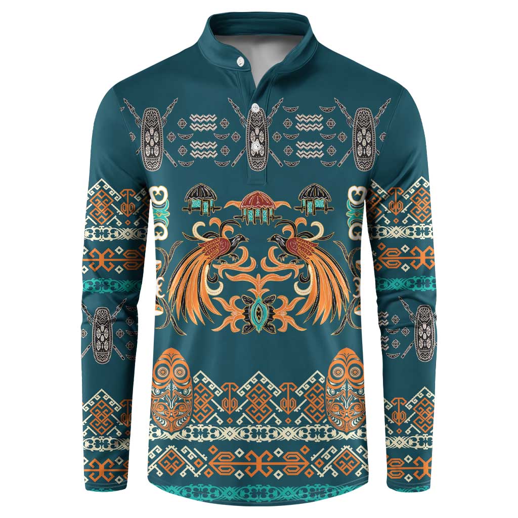 Dark Cyan Blue Batik Papua-inspired Pattern Button Sweatshirt LT9 Blue - Polynesian Pride