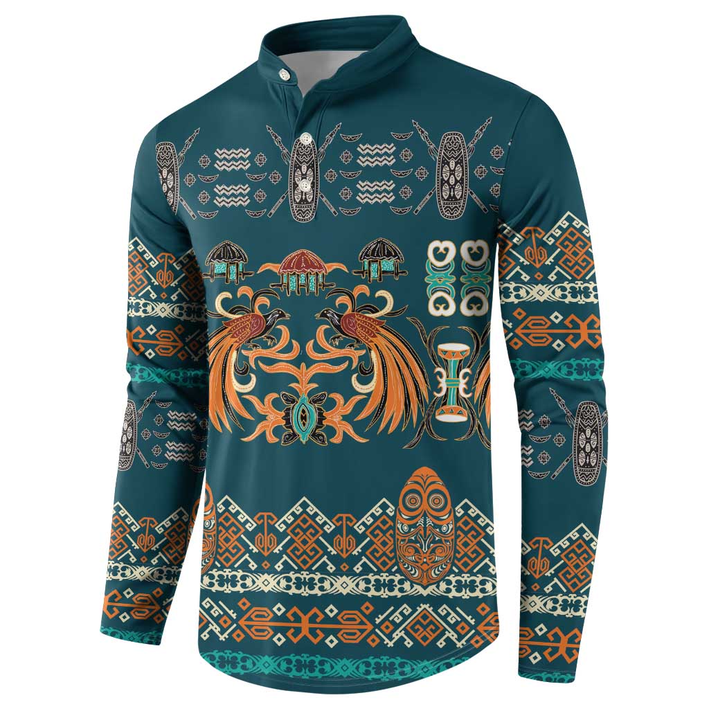 Dark Cyan Blue Batik Papua-inspired Pattern Button Sweatshirt LT9 - Polynesian Pride