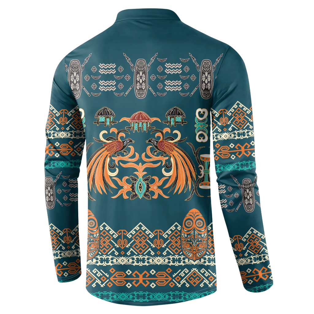 Dark Cyan Blue Batik Papua-inspired Pattern Button Sweatshirt LT9 - Polynesian Pride
