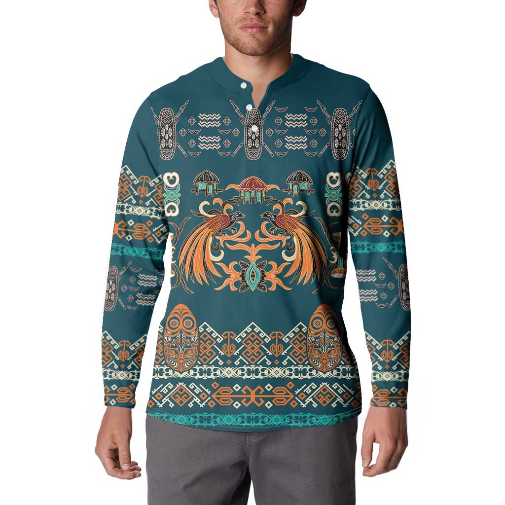 Dark Cyan Blue Batik Papua-inspired Pattern Button Sweatshirt LT9 - Polynesian Pride