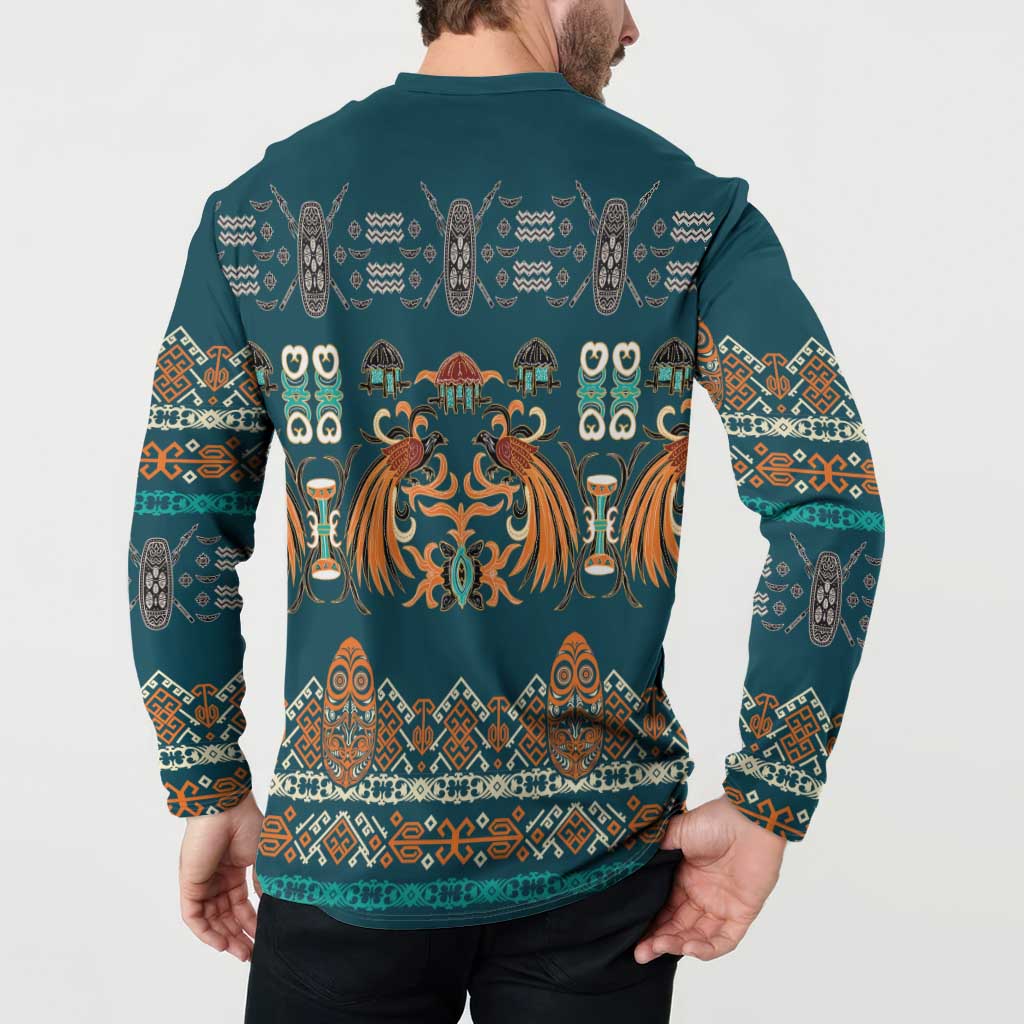 Dark Cyan Blue Batik Papua-inspired Pattern Button Sweatshirt LT9 - Polynesian Pride