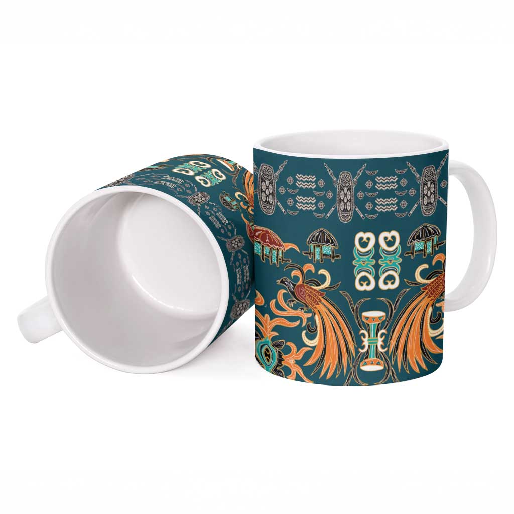 Dark Cyan Blue Batik Papua-inspired Pattern Ceramic Mug - Polynesian Pride
