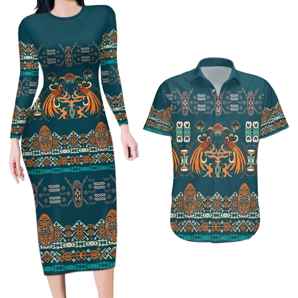 Dark Cyan Blue Batik Papua-inspired Pattern Couples Matching Long Sleeve Bodycon Dress and Hawaiian Shirt - Polynesian Pride