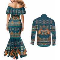 Dark Cyan Blue Batik Papua-inspired Pattern Couples Matching Mermaid Dress and Long Sleeve Button Shirt - Polynesian Pride