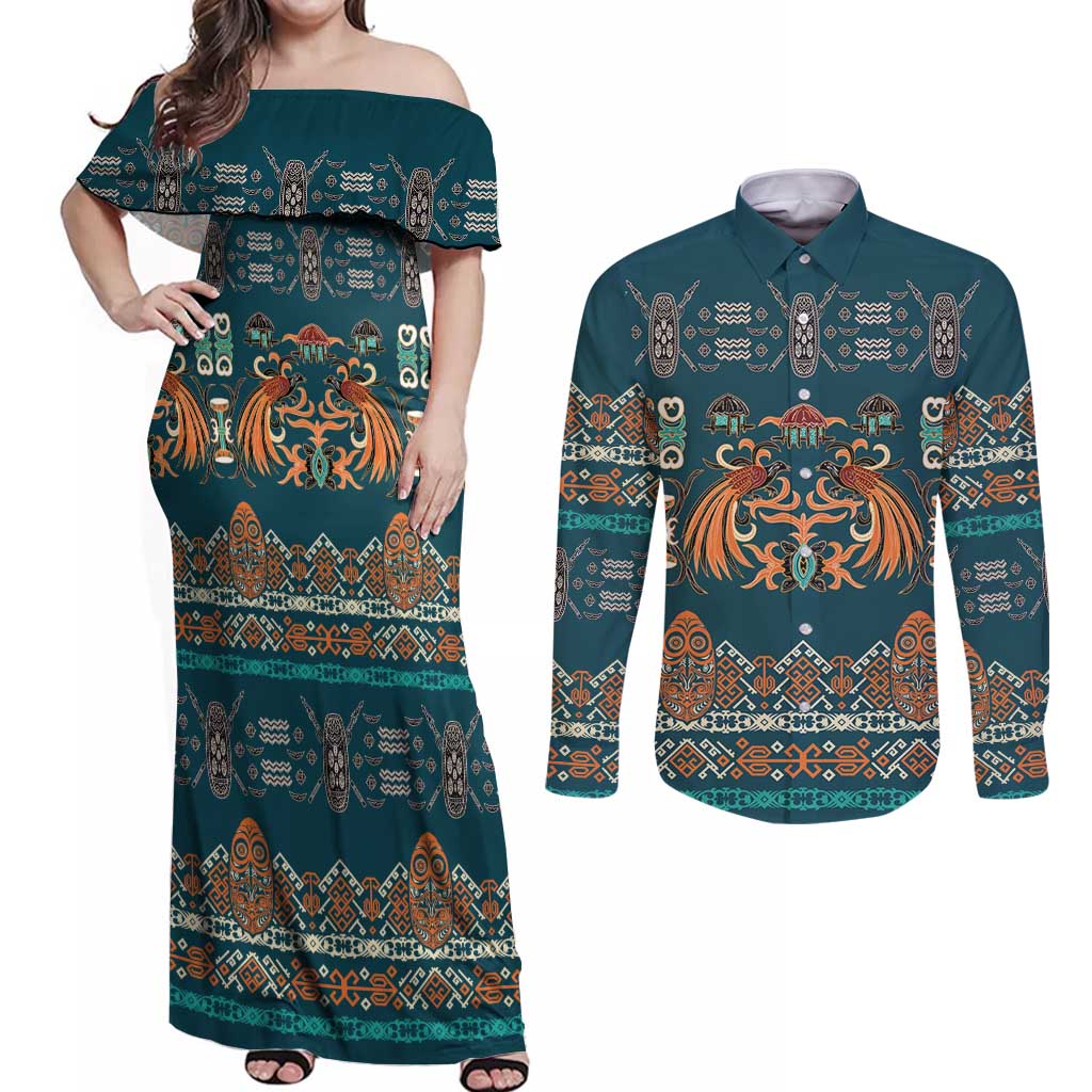 Dark Cyan Blue Batik Papua-inspired Pattern Couples Matching Off Shoulder Maxi Dress and Long Sleeve Button Shirt - Polynesian Pride