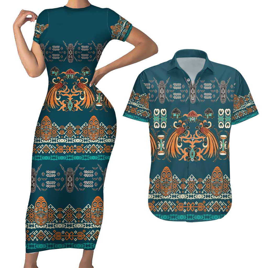 Dark Cyan Blue Batik Papua-inspired Pattern Couples Matching Short Sleeve Bodycon Dress and Hawaiian Shirt - Polynesian Pride