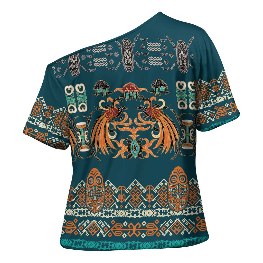 Dark Cyan Blue Batik Papua-inspired Pattern Cross Shoulder Shirt LT9 - Polynesian Pride