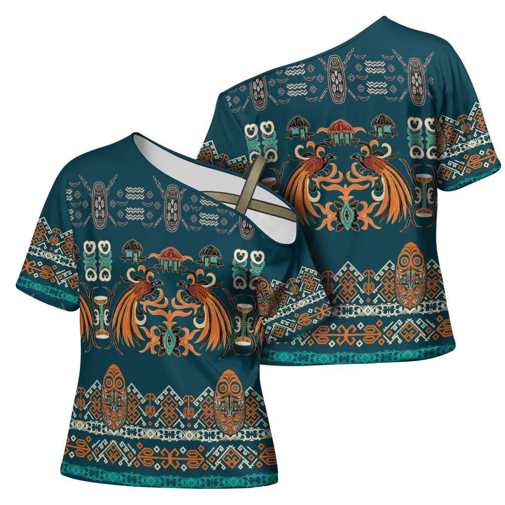 Dark Cyan Blue Batik Papua-inspired Pattern Cross Shoulder Shirt LT9 - Polynesian Pride