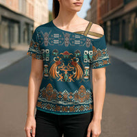 Dark Cyan Blue Batik Papua-inspired Pattern Cross Shoulder Shirt LT9 - Polynesian Pride