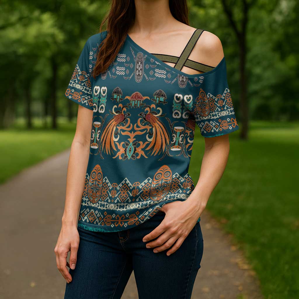 Dark Cyan Blue Batik Papua-inspired Pattern Cross Shoulder Shirt LT9 - Polynesian Pride